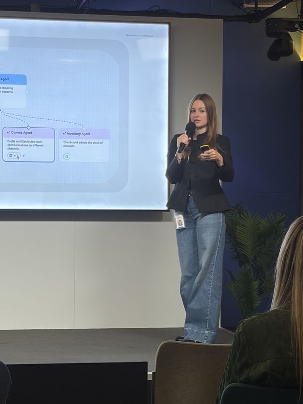 Zuza Politowicz of Google Cloud on stage at Google London presenting the agentic AI era